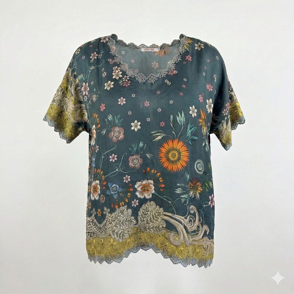 Johnny Was Adalee Silk Blouse XS Slate Green‎ Floral Embroidered Top C13920